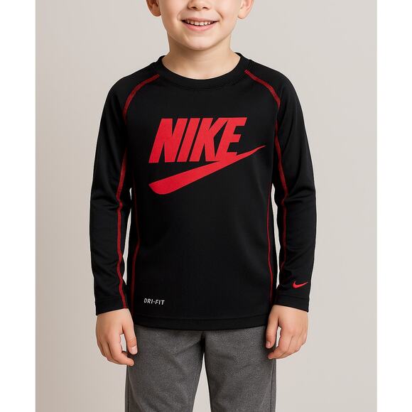 Nike Dri-Fit Kids Long Sleeve Athletic Shirt Sz 6 Black Red Sports Practice - Picture 1 of 8